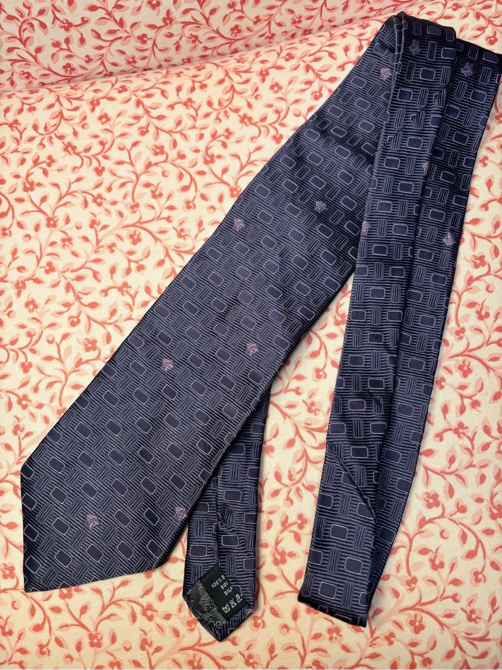 Versace Blue Geometric Jacquard Tie with Medusa Lavender Accents